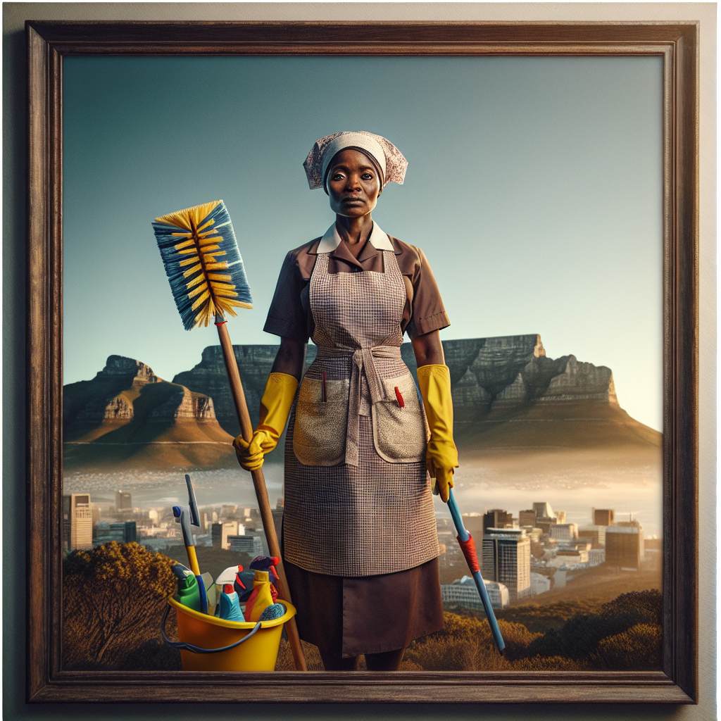 A dedicated South African woman cleaner in a Cape Town suburb, dressed in practical cleaning attire and holding cleaning tools, stands with Table Mountain subtly visible in the background, embodying dignity and resilience in her profession.