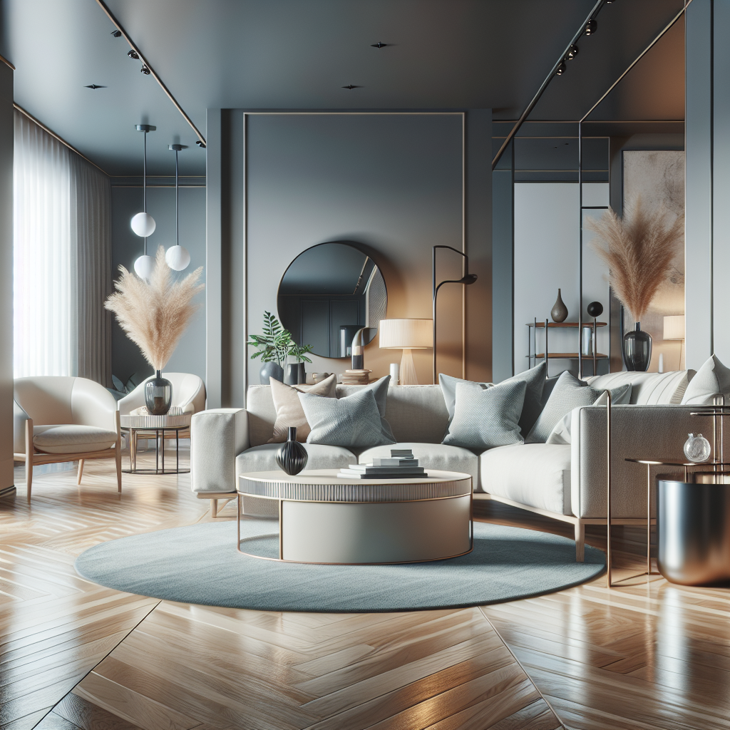 A modern living room with spotless surfaces and gleaming floors, showcasing the results of routine cleaning services.